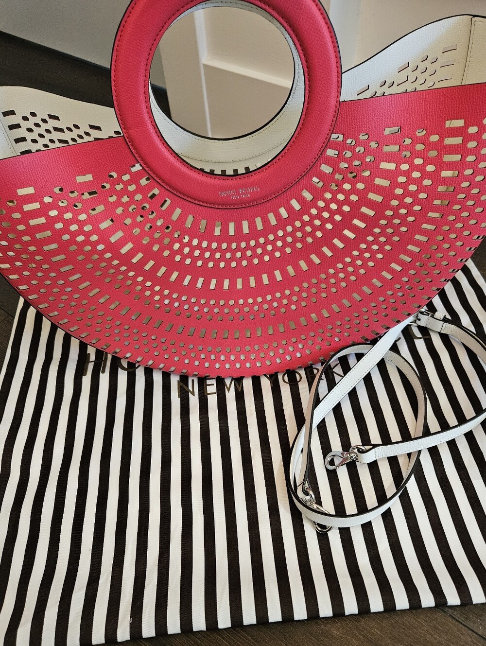 Henri Bendel West 57th Half Circle Perforated Pink, Orange & White Leather Tote
